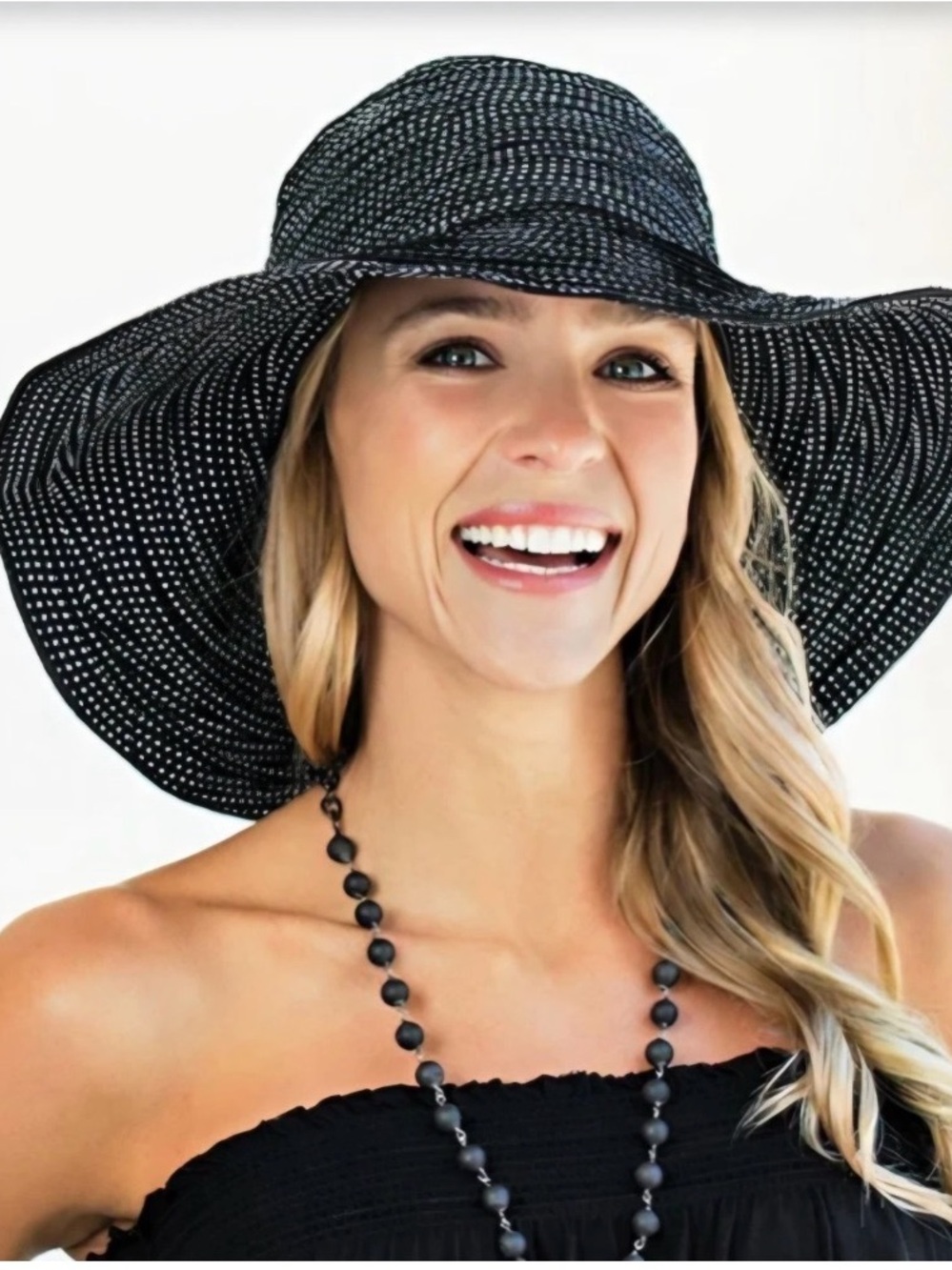 Black Wide-Brim Sun Hat Polka Dot Packable NWOT Travel Lightweight